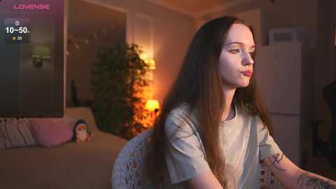 Video of a pale-skinned woman with long brown hair, wearing a light gray shirt, sitting indoors with a warm, dimly lit room in the background.