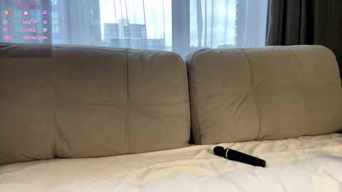 Video of a beige leather couch with two large cushions, a black vibrator on the left cushion, and a sheer white curtain behind, showing an urban skyline.