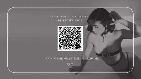 A grayscale digital image features a woman in a strapless bra, with a QR code overlay. She has shoulder-length, wavy hair, and the text reads, \"And in the meantime, follow me.\