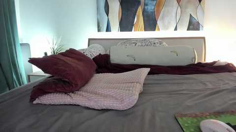 Video of a neatly made bed with a gray duvet, maroon pillows, and a pink quilted blanket. Modern, abstract artwork hangs above a white headboard in a softly lit bedroom.