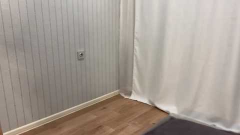 A video of a small, dimly lit room with white vertical paneling on the walls, a light switch on the left, a white curtain partially drawn on the right, and a wooden floor.