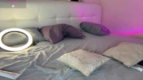 A video of a modern, minimalist bedroom with a white tufted headboard, grey bedding, and decorative pillows. A circular light and a pink glow enhance the atmosphere.