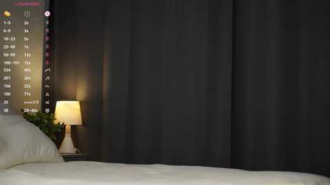Video of a minimalist bedroom with a dark gray curtain backdrop, a bedside table lamp, and a neatly made bed with white linens.