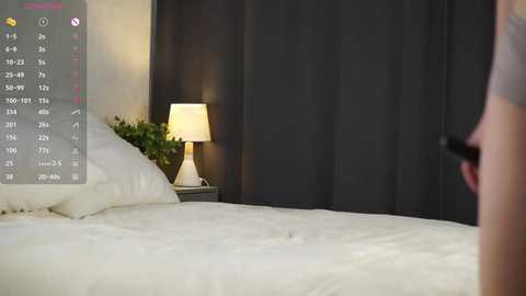 Video of a modern bedroom with a white bed, dark curtains, and a bedside lamp, featuring a smartphone in the foreground.