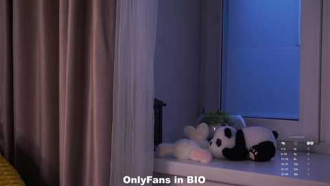 A video of a large panda plush toy lying on a windowsill, partially covered by sheer white curtains, with a dimly lit room in the background. Text reads \"OnlyFans in BIO\" at the bottom.
