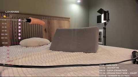 Video of a bedroom with a wooden bed, a white pillow, and a gray, textured mattress. A person, partially visible, wearing a beige bodysuit, is connected to a black device. A spotlight illuminates the scene.