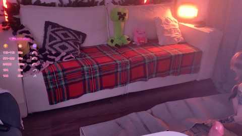 Video of a cozy, dimly lit living room with a red plaid blanket, plush toys, and a plushie pillow, featuring a vibrant, playful ambiance with soft lighting.