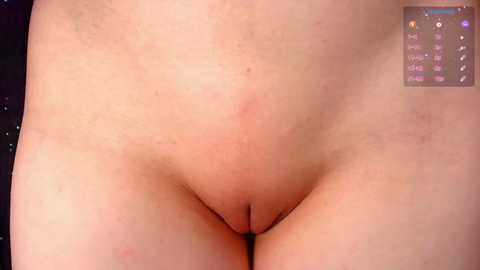 Video of a nude, light-skinned female torso, centered on the pubic region, displaying natural hair and a small, darkened area. Background shows a dark, speckled surface and a small menu with options.