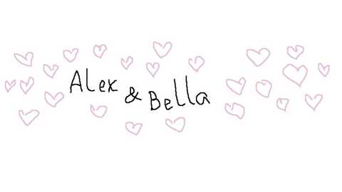 A digital image featuring a white background with a line of pink hearts in various sizes, and the names \"Alex & Bella\" written in black, casual script.