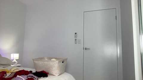 Media: Video of a minimalist, white-walled bedroom with a white door, a beige laundry basket, and a white bed with red and yellow blankets.