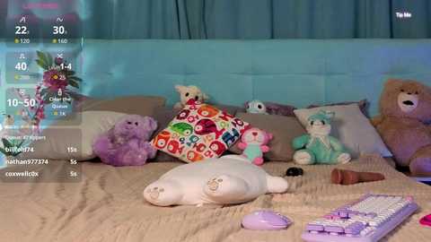 Video of a cozy bedroom with a bed covered in plush toys and a laptop displaying a virtual camera view.