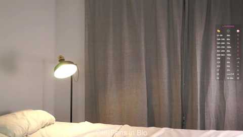 Video of a minimalist bedroom with a white bed, beige curtains, and a floor lamp with a spherical, diffused light. The room has a serene, neutral color palette.