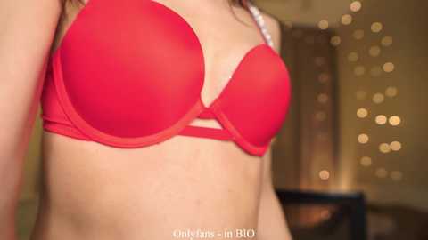 A close-up video of a woman wearing a vibrant red bra with a lace trim, her skin fair and smooth. The background is softly blurred, featuring warm, golden bokeh lights and a hint of a wooden surface.