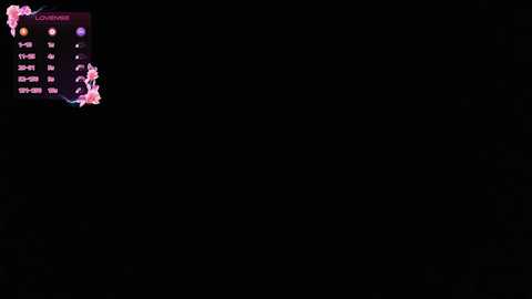 A screenshot of a dark, black background with a small, pink and purple menu on the left side featuring a character selection and options. The menu is translucent, allowing the viewer to see the dark background through it.