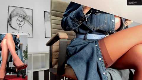 Video collage: Woman in denim dress and high heels sits in an office chair, legs crossed, with black-and-white art on the wall.