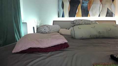 Video of a neatly made bed with a white duvet, a pink blanket, and a floral-patterned pillow. The background features a modern abstract painting and a glowing lamp.