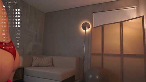 A modern bedroom scene with a beige sectional sofa, a standing floor lamp, a window with blinds, and a grey exercise ball.