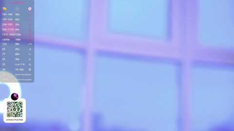 A video of a blurred, light blue window with a digital clock and a QR code in the lower left corner. The image has a soft focus, giving a dreamy, ethereal effect.