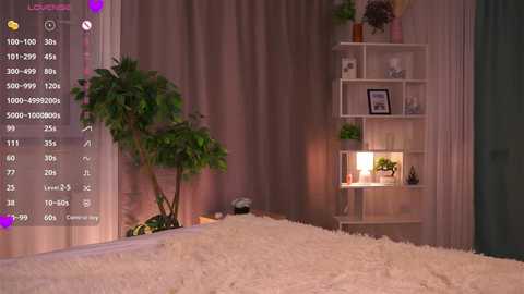 Video of a cozy, well-lit bedroom with a plush white rug, a tall plant, white shelves with decorative items, and a soft, beige curtain backdrop.