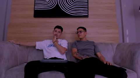 Video of two young men, one in a white t-shirt, the other in a grey t-shirt, sitting on a gray sofa. Background includes a wooden wall and abstract art.