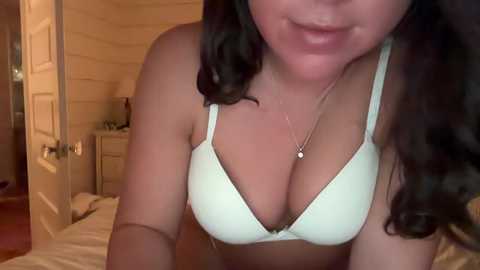 Video of a woman with light skin, wearing a light blue bra, taken from a slightly above angle in a dimly lit bedroom.