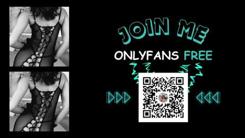 Video of a woman wearing a black lace bodysuit, back view, with a QR code overlay and text \"Join Me OnlyFans Free\" in teal.