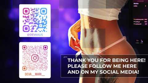 Video of a woman in a white tank top, her side profile visible, with a blurred background of social media icons. Text overlay: \"Thank you for being here! Please follow me here and on my social media!\