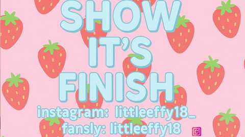 A digital image features a pastel pink background with playful strawberry illustrations. Bold blue text reads \"SHOW IT'S FINISH\" with social media handles and hashtags below.