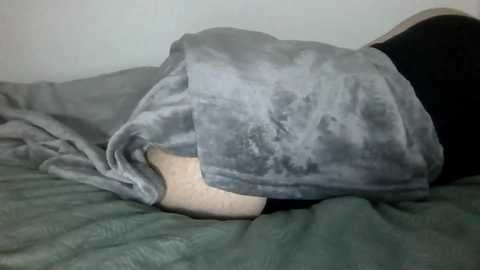 A video of a person's bare leg, covered with a plush, grey blanket, lying on a green bedspread. The background is a plain, light-colored wall. The scene conveys a cozy, intimate atmosphere.