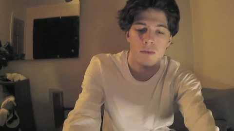 A video of a young man with short dark hair, wearing a beige sweater, sitting in a dimly lit room with beige walls and a flat-screen TV.