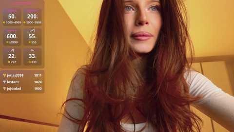 Video of a Caucasian woman with long, wavy, auburn hair, wearing a white top, looking upward with a contemplative expression. Background features a yellow wall and a digital display with various statistics.