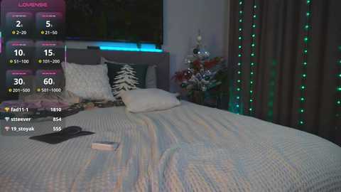 Video of a dimly lit bedroom with a neatly made bed, decorative pillows, and a floral arrangement on a side table. Digital overlays show game stats, including a \"lounging\" score.