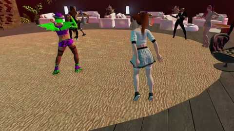 A CGI image depicts two women in colorful, tight dance outfits dancing on a sandy floor. Background shows a modern, dimly lit room with plush white seating.
