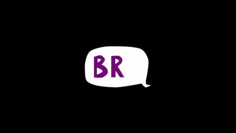 A digital graphic featuring a white speech bubble with the letters \"BR\" in bold, purple uppercase text against a black background. The text is stylized with a playful, cartoonish font.