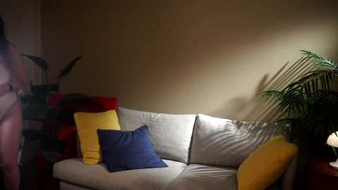 A video of a cozy living room with a beige couch adorned with a yellow and blue cushion, a potted plant, and a lamp.