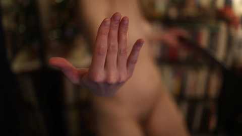 Media: A blurred video of a nude person with light skin, seen from the waist up, with a raised hand in a stop motion gesture. The background shows a dimly lit, out-of-focus room with bookshelves.