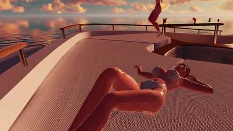 A CGI rendering of a woman in a bikini lounging on a yacht deck, bathed in warm, sunset colors. The scene captures the luxurious, serene ambiance with a clear, reflective ocean and a pink sky.