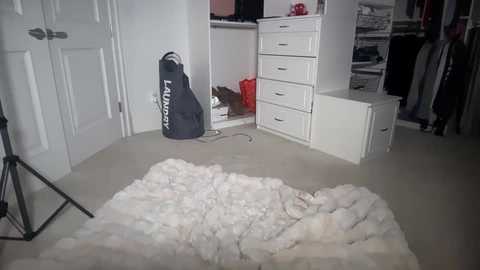 Video of a tidy bedroom with a white door, white dresser, a fluffy white rug, a black duffel bag, and a tripod on the floor.