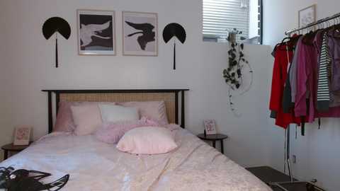 Media: Video of a minimalist, pastel-themed bedroom with a white bed, black headboard, two black-and-white silhouette art pieces, and a clothing rack with red and pink garments.