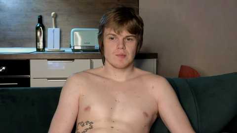 Video of a young, shirtless, fair-skinned, Caucasian man with light brown hair, sitting on a dark green couch, wearing a neutral expression. Background features a kitchen with stainless steel appliances, a toaster, and a wooden countertop.