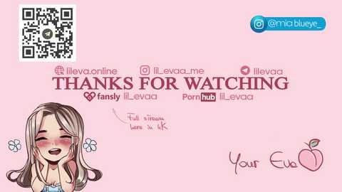 Digital drawing on a pink background featuring a smiling anime girl with long hair, wearing a white strapless dress. Text reads \"Thank you for watching,\" with social media handles and a QR code.
