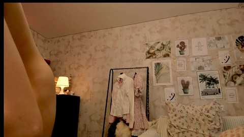 Video of a cozy bedroom with beige wallpaper, a mirror, framed botanical prints, a lamp, and a draped white robe on a bed.