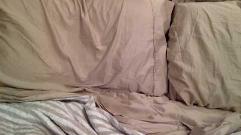 A video of a rumpled, beige bedspread with a crumpled, striped pillow and a messy, gray and white quilt, suggesting a chaotic and untidy bedroom setting.