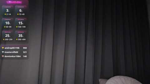 Video of a dimly lit room with black curtains and a digital display showing viewers' numbers and comments on the left.