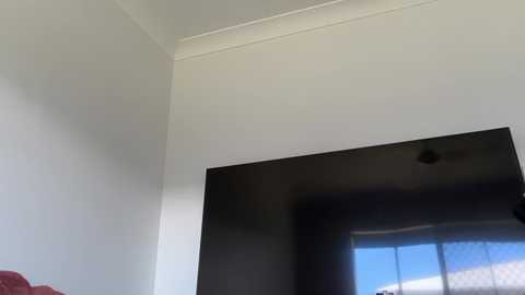 Video of a minimalist living room with a white ceiling, a large flat-screen TV mounted on the wall, and a red couch in the background. The room has natural light streaming through a window.