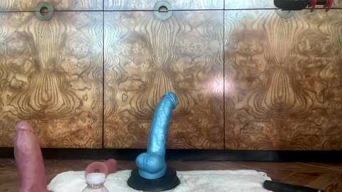 Video of a wooden cabinet with intricate wood grain patterns, showcasing three large, realistic sex toys: a pink dildo, a blue dildo, and a flesh-toned penis-shaped toy.