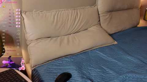 Video of a beige leather sofa with two large, soft pillows and a blue quilted blanket. A person with medium skin tone is partially visible, wearing a black shirt, sitting on the sofa.
