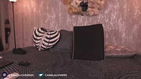 A video of a cozy bedroom with a black-and-white striped comforter, a large black pillow, and a heart-shaped pillow. The walls are textured in gold and beige, with a gold-framed mirror and a black lamp in the background.
