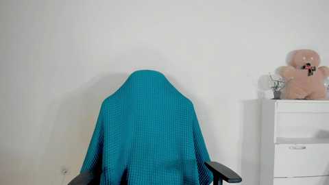 Video of a teal quilted chair in a simple white room, with a plush teddy bear and a white dresser in the background.