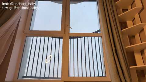 Video of a light-colored, multi-pane window with beige curtains partially drawn. Wooden bookshelves fill the right side. Text in the top left corner reads, \"inst: @enchant_baby new w/ @enchant_baby.\